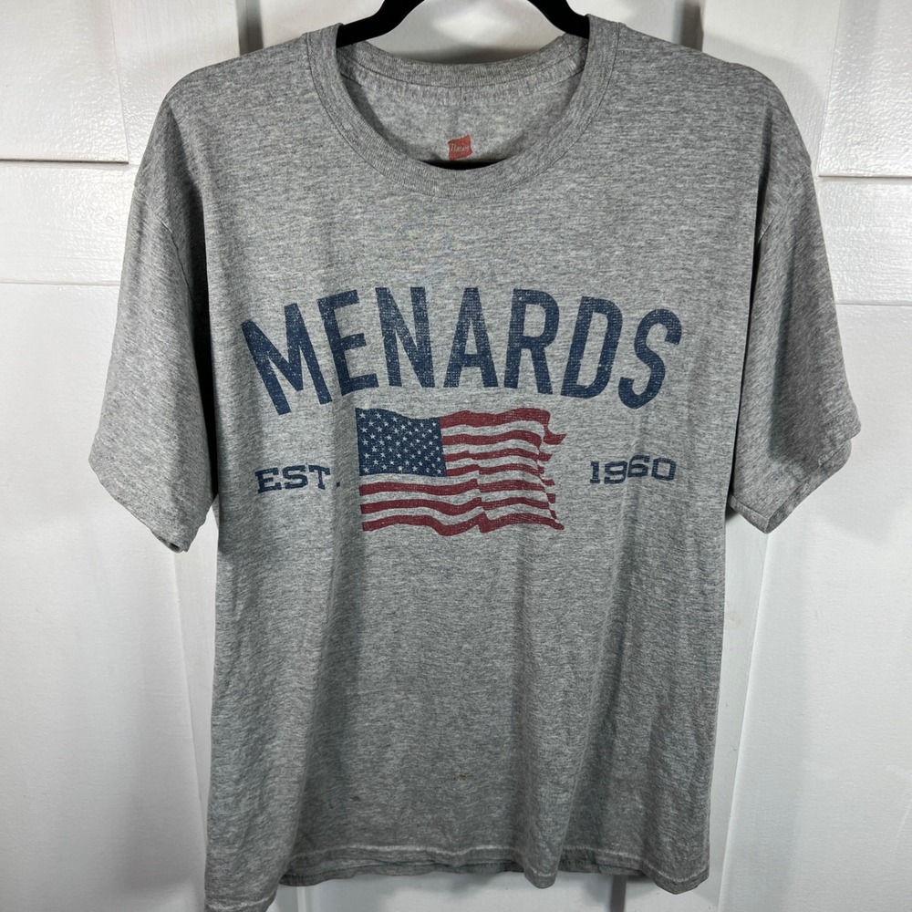 Hanes Menards American Flag Graphic T-Shirt Gray Mens Large Est 1960 EcoSmart